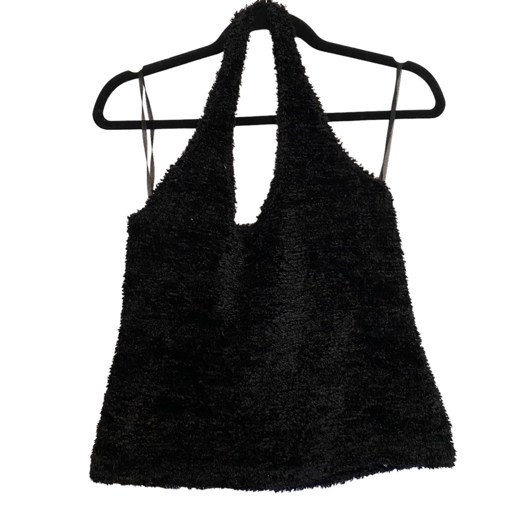 NoBoundaries black fuzzy halter neck tank in black